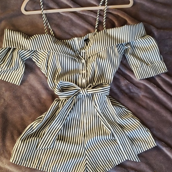 Navy Blue Pinstriped Romper - Picture 1 of 4